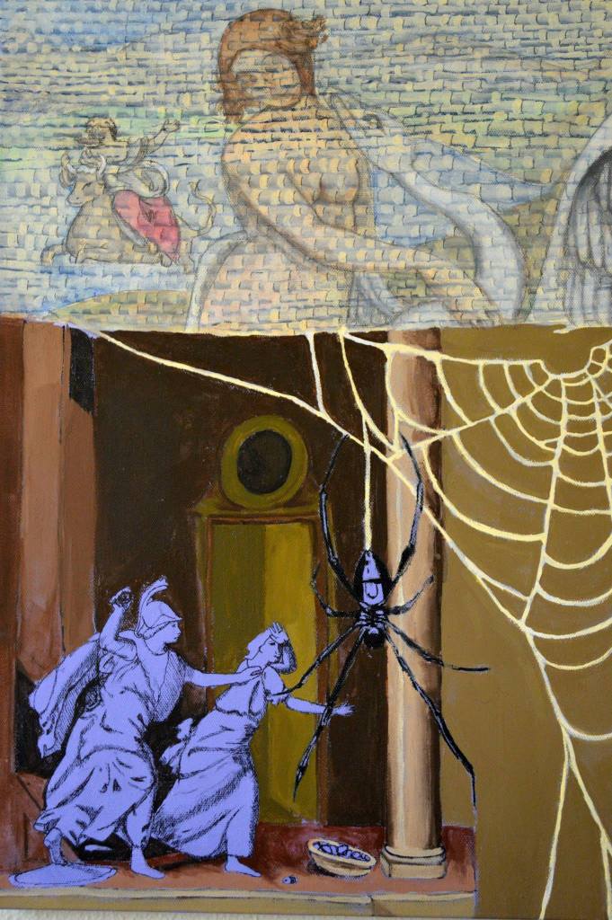Metamorphosis, 2015, Acrylic paint, ink, water color on canvas The myth of Arachne, who is punished for depicting the sexual violence the gods commit against mortal women.