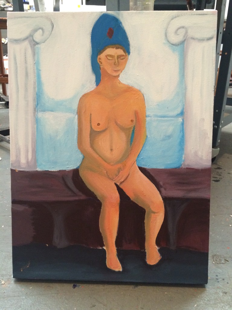 Nude in Bath, 2016, Acrylic painting on canvas Study of a nude woman sitting, with added background elements.