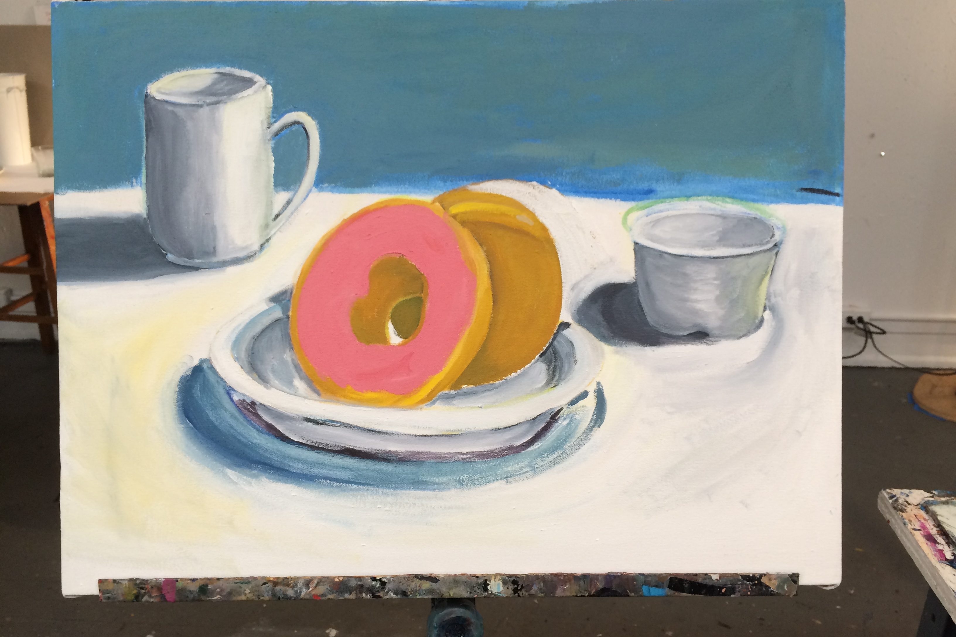 Still Life, 2016, Acrylic on canvas Two cups and a plate full of donuts. We did not get to eat the donuts.